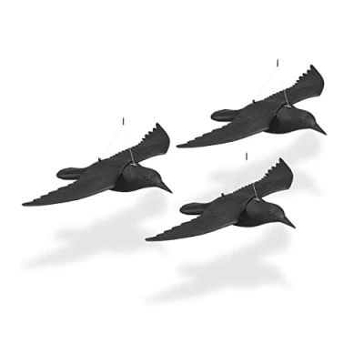 Image of Relaxdays Bird Deterrent, Flying Crow, 3X Set, Hang Up in Garden, Plastic Decoy, Balcony, Pigeon Repellent, Black, 8 x 56.5 39 cm