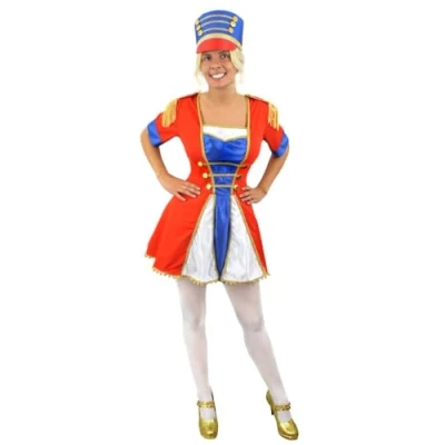 Image of LADIES MAJORETTE COSTUME RED WHITE &amp; BLUE DRESS WITH GOLD TRIM + MATCHING TALL HAT MARCHING CANE WOMENS CHEERLEADER NUTCRACKER TOY SOLDIER CHRISTMAS FANCY (X SMALL)
