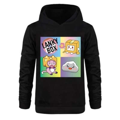 Image of LANKYBOX Boys Hoodies Kids Cotton Hoodie Foxy and Boxy Prints Children&#039;s Pullover Sweatshirt Graphic Outfits (UK, Age, 9 Years, 10 Regular, Black)