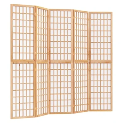 Image of vidaXL Folding 5 Panel Room Divider Japanese Style Privacy Screen with Solid Fir Wood &amp; Rice Paper, Brown, 200x170 cm for Living Room/Bedroom