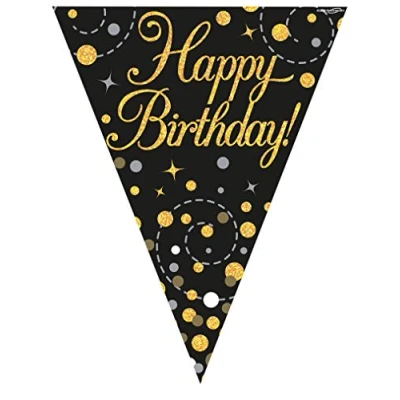 Image of OakTree Party Bunting Sparkling Fizz Birthday Black &amp; Gold Holographic 11 flags 3.9m