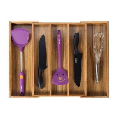 Image of Utoplike Acacia Expandable Kitchen Drawer Organiser, Adjustable Cutlery Organiser in Drawer, Utensil Tray Holder Divider for Flatware, Silverware, Knives