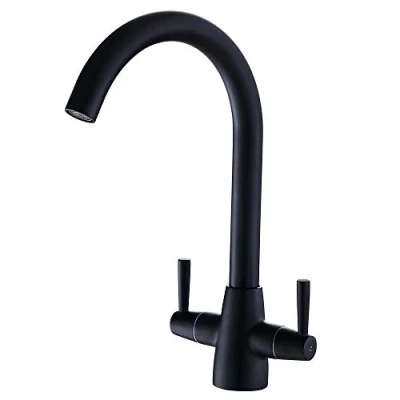 Image of Heable Matte Black Kitchen Mixer Tap Dual Lever Swivel Spout Brass Sink Taps with UK Standard Fittings