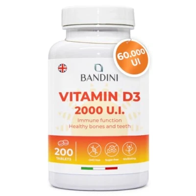Image of Bandini® Vitamin D 60,000 IU/Month 200 Tablets (+6 Month), Immune Defence, Bone, Tooth and Muscle Health, Calcium Metabolism, 50 mcg Cholecalciferol, Pure Vitamins D3, VIT 3 High Dosage