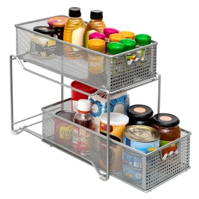 Image of Amtido 2 Tier Sliding Basket Cupboard Organiser Kitchen, Bathroom Cabinet Organizer Pull Out Drawers Under Sink Storage Metal, Silver