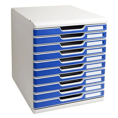 Image of Exacompta Ref 302003D Modulo A4 Office 350 x 288 320mm in Size, 10 Closed Drawers (26mm Height), Smooth Opening with Stop, Label Holders Light Grey/Blue