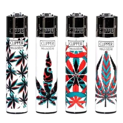 Image of Clipper Lighters 4pcs Set, Collection SET DESIGN (No Fuel) Mix Designs Refillable Assorted Colors Reusable Soft Flame Kitchen Lighter (Neon Leaves 4pcs)