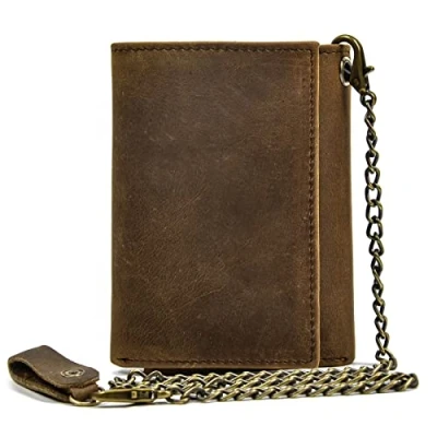 Image of newsbirds Mens Wallet, Men&#039;s Genuine Leather Wallet with Chain Tri fold 9 Credit Card Holder Cash Wallets Slim Purse (6006 Brown)
