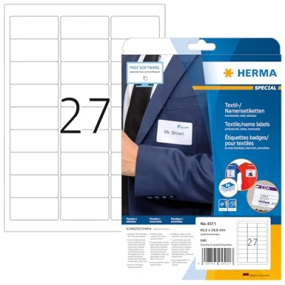 Image of HERMA Self Adhesive Clothing Labels, 27 Labels per A4 Sheet, 20 Sheets, 63.5 x 29.6 mm, 540 Blank Removable Name Stickers, Sticky Textile for Laser &amp; Inkjet Printer, White