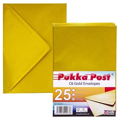 Image of Pukka Pad, Post &amp; Packaging Gummed Envelopes Pack of 25, Ready to Seal, Durable 100GSM Postal for Letters, Invitations, and Other Mail 114 x 162mm, Size C6, Gold