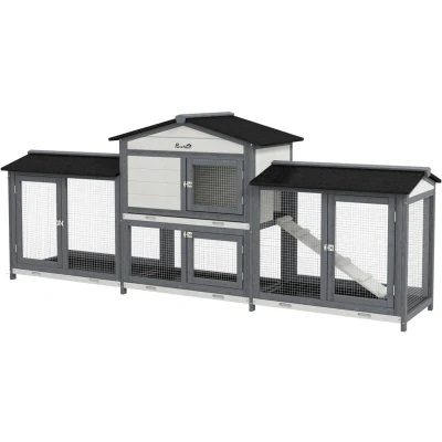 Image of PawHut Large Rabbit Hutch Outdoor, 2 Tier Guinea Pig Hutch, Wooden Bunny Run, Small Animal House with Double Side Run Boxes, No leak Plastic Tray, Ramp, 230 x 53 93.5cm, Light Grey
