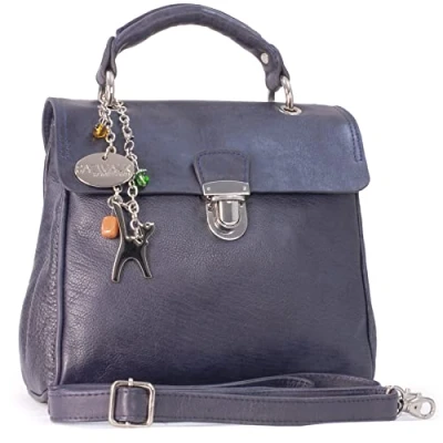 Image of Catwalk Collection Handbags Women&#039;s Leather Cross Body Bag Medium Top Handle Adjustable Detachable Shoulder Strap PANDORA Blue