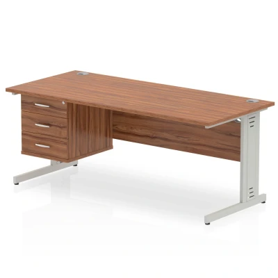 Image of Impulse 1800x800 Desk Walnut Silver Cable Managed Leg + Fixed Pedestal