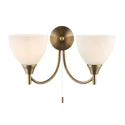 Image of National Lighting Andy Decorative Antique Brass Twin E14 LED Compatible Wall Light with Matt Opal Glass Shades Uplight
