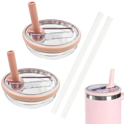 Image of NEERIX 2 Pack 40 OZ Tumbler Lids Replacement Cup Flip Straw Lid,Clear Fit for Stanley Travel Tumbler, Spill Proof Covers Accessories（pink）