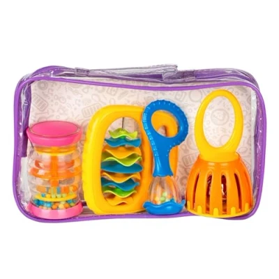 Image of Halilit Baby Band Musical Instrument Gift Set. 4 Piece Babies Sensory Music Toy Set Includes Rain Maker, Clip Clap, Cage Bell, Maraca &amp; Clear Carry Case. Suitable for Boys Girls 6 month +