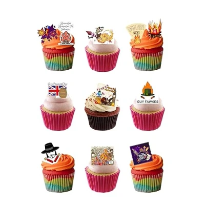 Image of 36 Stand Up Guy Fawkes Bonfire Night Themed Edible Wafer Paper Cake Toppers Decorations
