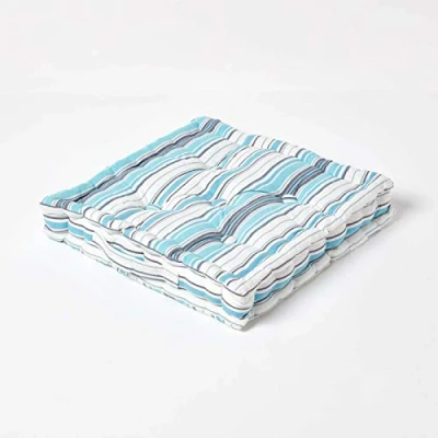 Image of HOMESCAPES New England Multi Blue Stripes Floor Cushion 100% Cotton 40 x 8 cm Square Indoor Garden Dining chair booster Seat Pad