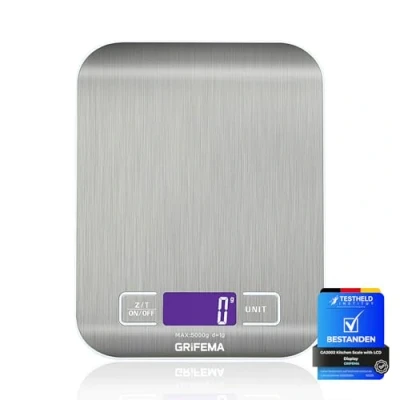 Image of GRIFEMA GA2002 Digital Kitchen Scales, Food Weighing Scales with LCD Display, (1g/5kg) Weight Grams and Oz for Baking Cooking, Stainless steel (Batteries Included), Blue