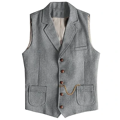 Image of AeoTeokey Men&#039;s Western Herringbone Tweed Suit Vest Wool Slim Fit Waistcoat (Silver,S)