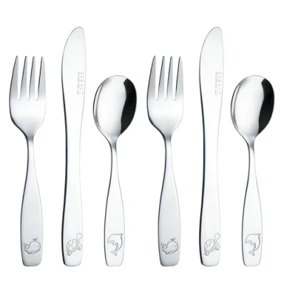 Image of Exzact Children&#039;s Cutlery Stainless Steel 6pcs, Kids Silverware Toddler, Dishwasher Safe, Engraved Ocean Creatures Dolphin, Turtle, Whale