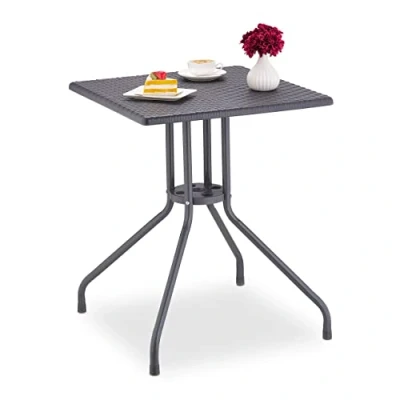 Image of Relaxdays Garden Table Rattan Look, Square, HxWxD: 75x61x61cm, Balcony, Plastic, Metal, Outdoor, Grey, 75x61x61 cm
