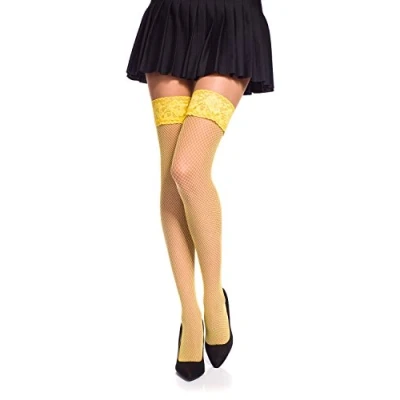 Image of Romartex Small Mesh Fishnet Hold Up Stockings With Lace, XL, yellow