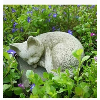 Image of Sleeping Cat Statue Reconstituted Stone Kitty Animal Concrete Outdoor Kitten Garden Ornament
