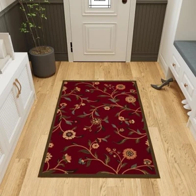 Image of Ottomanson Ottohome Collection Contemporary Leaves Design Rubberback Area Rug , 100 cm x 150 cm, Red
