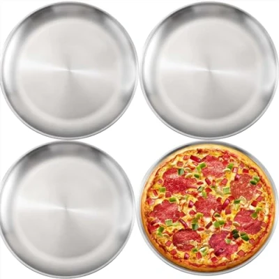 Image of WeeGoo 4 Pack 12 inch Stainless Steel Pizza Tray Non Stick Pans Solid Round Baking Tray, Oven Sheet Pan for Serving, Baking, Roasting (30 cm, Sliver)