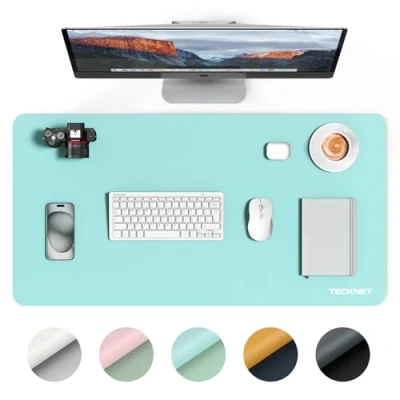 Image of TECKNET Leather Desk Mat, Waterproof Pad Large PU Protector Mat Easy Clean Mouse Mats for Desk, Writing, Home, Decor (80cm x 40cm, Blue)