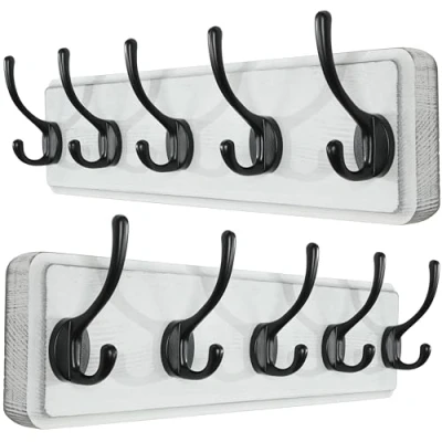 Image of SKOLOOFarmhouse Style Wall Mounted Coat Rack, Pack of 2, Pine Solid Wood Hook Hanger 5 Hooks for Hanging Clothes Robes Towels Coats