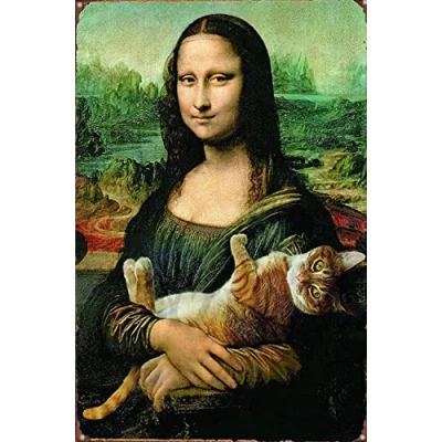 Image of Funny Mona Lisa Poster Prints with Cat Classic Canvas Picture Modern Wall Art Abstract Painting Oil Print Artwork for Living Room Home Decoration Unframed,40x60cm