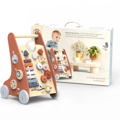Image of SPEEDY MONKEY Wooden Baby Walkers for Boys 6 Months, Educational Multi Activity Walker Toys 1 Year Old &amp; Girls 9 Quiet Non Slip Rubber Wheels FSC Certified Wood
