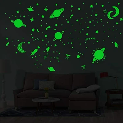 Image of Alnicov Glow in The Dark Stars and Planet Wall Stickers,Luminous Galaxy Moon Rocket Ceiling DIY Stickers for Bedroom Living Room Birthday Christmas Decor Green