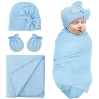 Image of DRESHOW Newborn Receiving Blankets Cotton Warm Sleepsack with Mittens&amp;Bow Hats Hospital Baby Swaddling