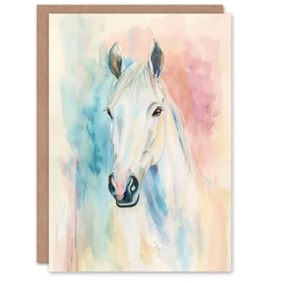 Image of Artery8 Greeting Card Pastel Watercolour White Horse Head Portrait Blank For All Him Or Her Art Birthday