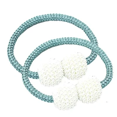 Image of RIJAHO Magnetic Curtain Tiebacks, 2 Pieces Pearl Ball Drapes Clips Rope Holdbacks (Light Blue)