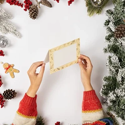 Image of Christmas Photo Frame Cards &amp; Envelopes 6 x Personalised Any Family Picture (Cream with Gold)