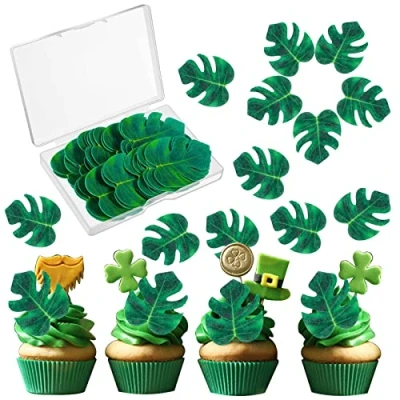 Image of 48 Pcs Tropical Turtle Leaf Cake Toppers, Cupcake Toppers Palm Decoration, Hawaii Theme Jungle Party Birthday Decor