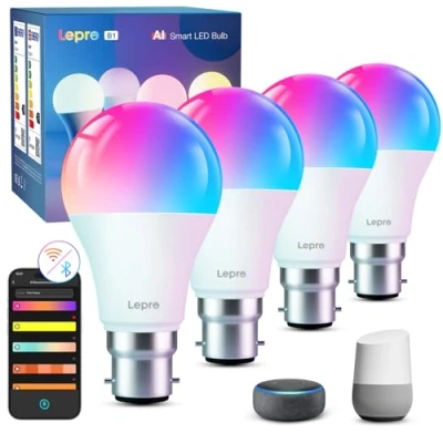 Image of Lepro B1 AI Smart Bulb Bayonet, B22 WiFI Bulbs, Music Sync, Voice Control, LLM Generated Lighting, Bluetooth Colour Changing Light Bulb, Work with Alexa &amp; Google Assistant, RGBCCT Dimmable, 4 Packs