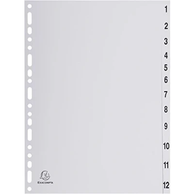 Image of Exacompta Ref 1912E PP Printed Indices For Use With A4 Documents, 0.1mm Polypropylene, Pre Punched, Soft &amp; Tear Resistant 12 Divider Parts (1 12) Grey