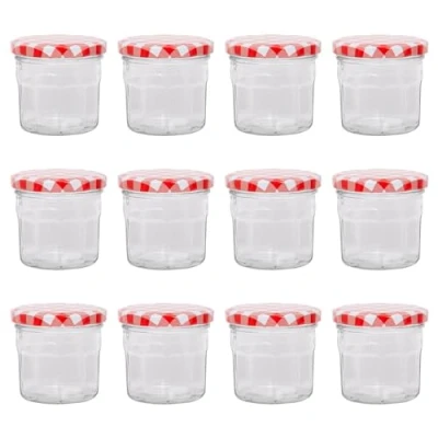 Image of Argon Tableware Glass Jam Jars with Airtight Red Gingham Lids 130ml Pack of 12 Empty Screw Top Kitchen Storage Jar for Food, Honey, Spice, Pickling, Preserving, Candle Making