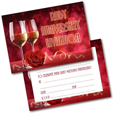 Image of Doodlecards Ruby Anniversary Wine Glasses Invitations Invites Pack of 20 Postcards and Envelopes