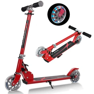 Image of GYMAX Kids Stunt Scooter, Folding Kick Push Scooter with 2 Flashing Wheels and Adjustable T bar, Perfect as a Gift for 4 13 Years Boys Girls