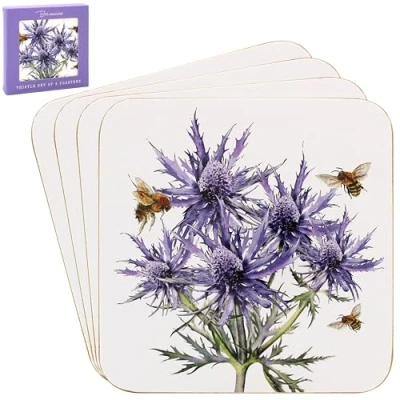 Image of LESSER &amp; PAVEY 4pcs Purple Thistles Cork Coasters Bee tanical Floral Series Flower Heat Resist