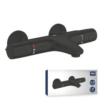Image of GROHE Precision Trend Thermostatic Anti Scald Bath/Shower Mixer with Aquadimmer Eco (Wall Mounted, Safety Functions, Water Saving, Ergonomically Shaped Metal Handles), Matt Black, 1022162432