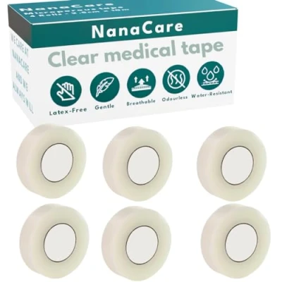 Image of NanaCare Hypoallergenic Transparent Surgical Tape 1.25cm x 9.1m 6 Rolls Transporous Medical for Skin, Dressings and Face First Aid Suitable Sensitive Skin