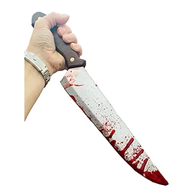 Image of Rubber Johnnies Bloody Butchers Knife, Con Safe, 46cm Long, Brown Handled, Halloween Wepaons, Movie Prop, Fake Myers