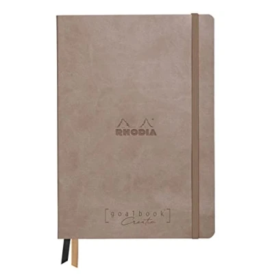 Image of RHODIA 194441C Bullet Journal Goalbook Creation Rigid Notebook Taupe A5 15.5x21x2 cm Dotted Dot 160 pages Clairefontaine Maya Smooth Black Paper 120 g/m 2 Ribbons Faux Leather Cover